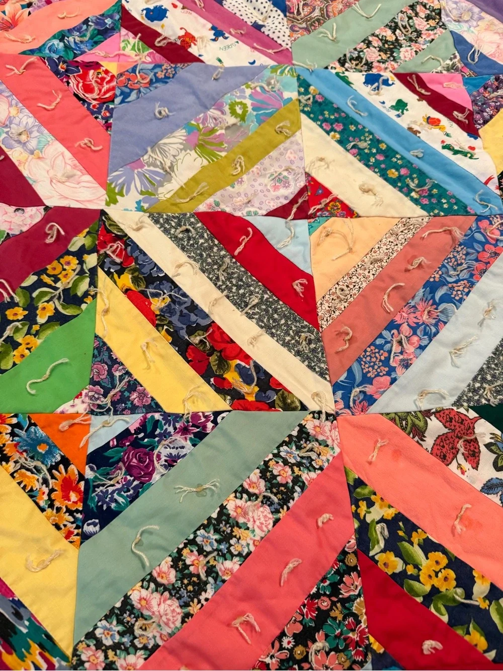 Vintage Multicolor Patchwork crazy quilt hand tied 74”x64” cotton farmhouse
